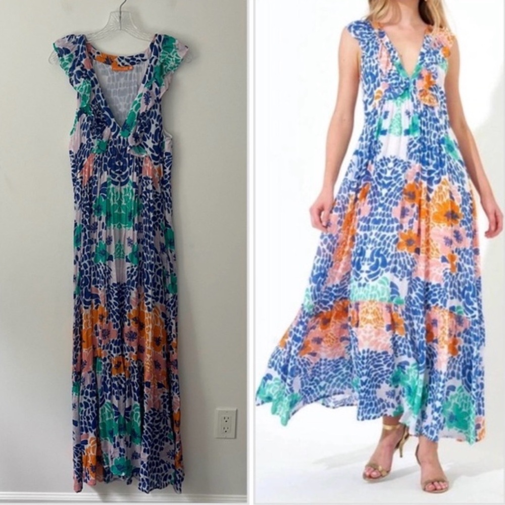 Oliphant Vibrant Blue and Orange Maxi Dress
